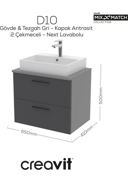 D10 Next Lavabo Dolabı Iki Çekmeceli 65 cm Gri Gövde Antrasit Kapak