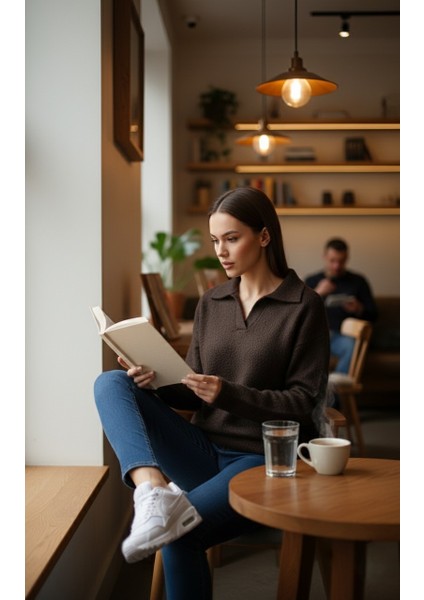 Kadın Trend Polo Yaka Tüylü Örme Kazak - %100 Pamuklu Günlük Şık Triko Üst