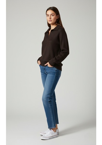 Kadın Trend Polo Yaka Tüylü Örme Kazak - %100 Pamuklu Günlük Şık Triko Üst modelleri