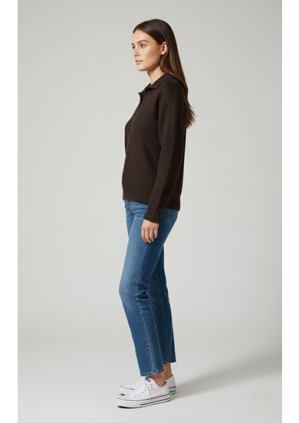 Kadın Trend Polo Yaka Tüylü Örme Kazak - %100 Pamuklu Günlük Şık Triko Üst fırsatları