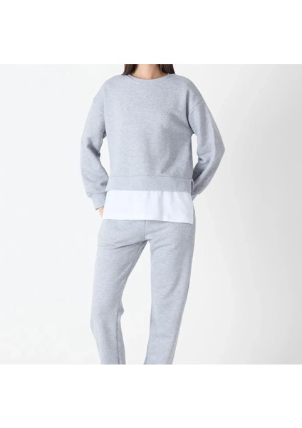 Kadın Basic Bisiklet Yaka Etek Ucu Detaylı Sweatshirt ve Pantolon Eşofman Takımı- Siyah/melanj/gri