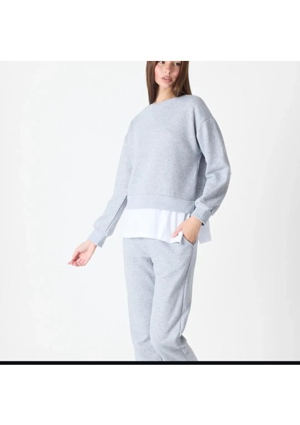 Kadın Basic Bisiklet Yaka Etek Ucu Detaylı Sweatshirt ve Pantolon Eşofman Takımı- Siyah/melanj/gri fiyatları