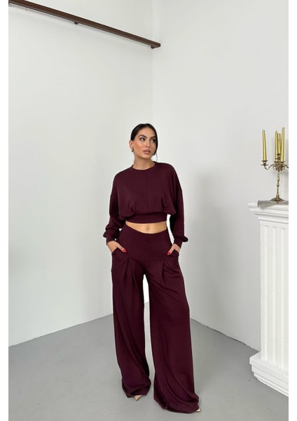 Kadın Dikiş Detaylı Crop Sweat Bol Paça Eşofman Altı Modal Kumaş Ikili Takım NBNP017