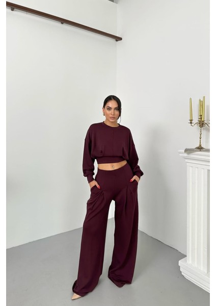 Kadın Dikiş Detaylı Crop Sweat Bol Paça Eşofman Altı Modal Kumaş Ikili Takım NBNP017 fiyatları