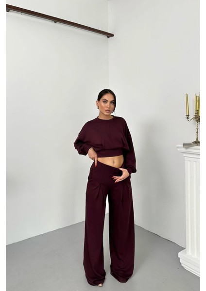 Kadın Dikiş Detaylı Crop Sweat Bol Paça Eşofman Altı Modal Kumaş Ikili Takım NBNP017 modelleri