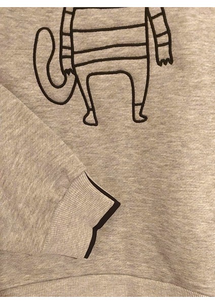 Kadın Kedi Nakışlı Sweatshirt – Rahat Kalıp 3 Iplik Şardonsuz, Siyah & Gri Melanj modelleri