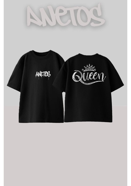Queen 8 Tasarım Sırt Baskılı Pamuk Siyah Oversize T-Shirt