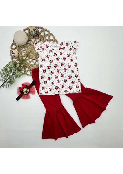 Litaetrend 1-2-3-4 Yaş Mickey Baskılı Bandanalı Tişört Ispanyol Paçalı Likralı 3lü Kız Çocuk Takımı Kırmızı