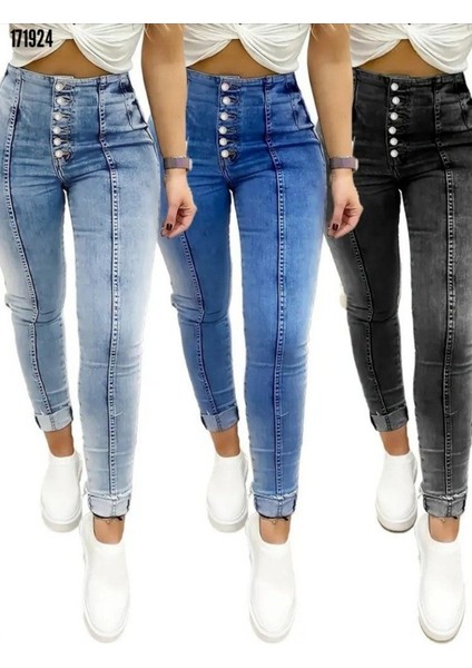 Kadın Yüksek Bel Önden Düğmeli Jean Pantolon fırsatları