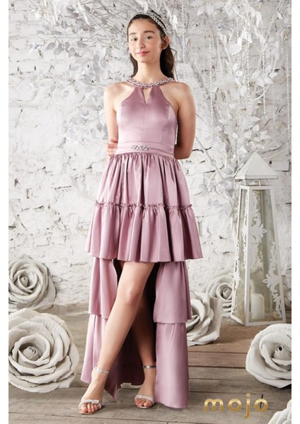 Erkut Abiye Boyundan Askılı Taş Detaylı Önü Kısa Abiye Elbise 647 Lila