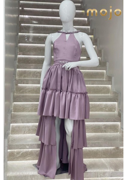 Erkut Abiye Boyundan Askılı Taş Detaylı Önü Kısa Abiye Elbise 647 Lila