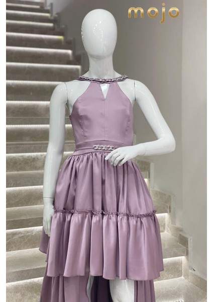 Erkut Abiye Boyundan Askılı Taş Detaylı Önü Kısa Abiye Elbise 647 Lila