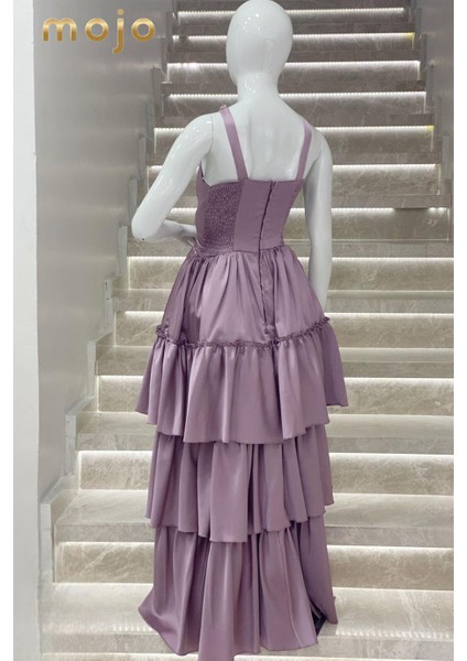 Erkut Abiye Boyundan Askılı Taş Detaylı Önü Kısa Abiye Elbise 647 Lila