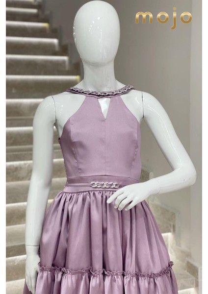 Erkut Abiye Boyundan Askılı Taş Detaylı Önü Kısa Abiye Elbise 647 Lila