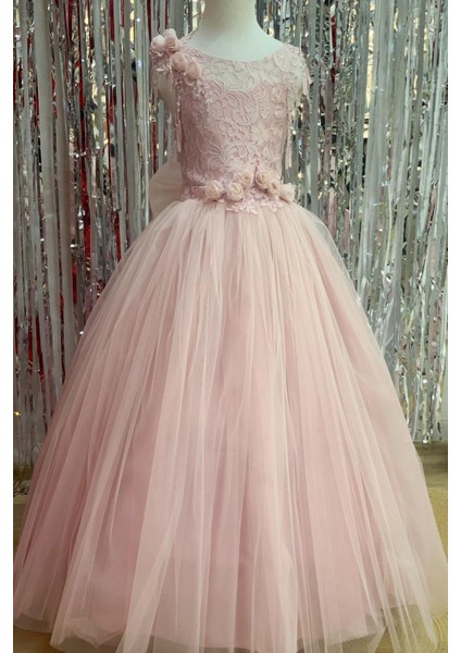 Kız Çocuk Tarlatanlı Üç Boyut Gül Aksesuar Gelinlik 2144 Pudra