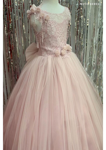 Kız Çocuk Tarlatanlı Üç Boyut Gül Aksesuar Gelinlik 2144 Pudra