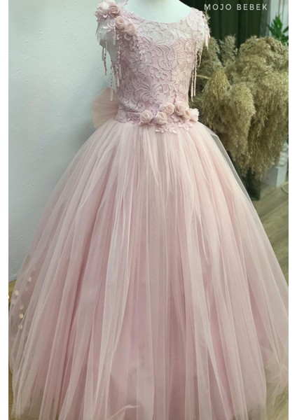 Kız Çocuk Tarlatanlı Üç Boyut Gül Aksesuar Gelinlik 2144 Pudra