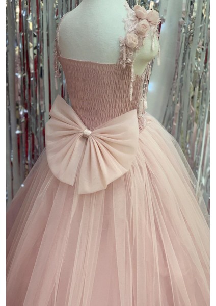 Kız Çocuk Tarlatanlı Üç Boyut Gül Aksesuar Gelinlik 2144 Pudra