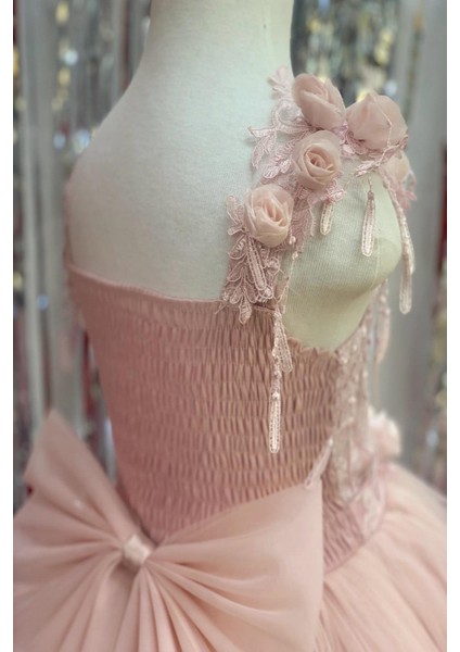 Kız Çocuk Tarlatanlı Üç Boyut Gül Aksesuar Gelinlik 2144 Pudra