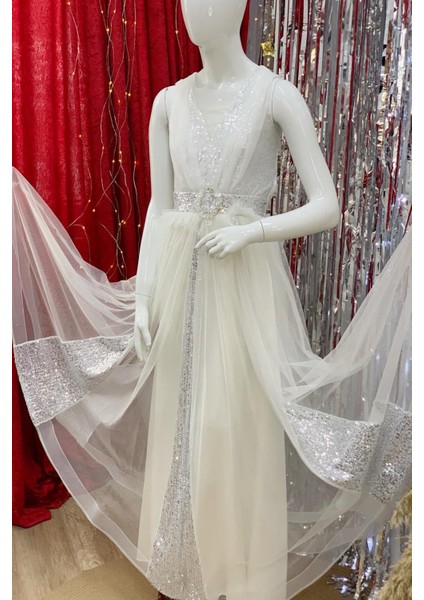 Kız Çocuk Payetli Uzun Abiye Elbise 376 Krem