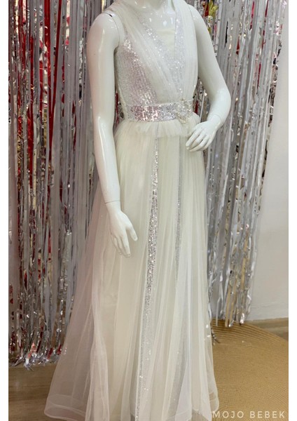 Kız Çocuk Payetli Uzun Abiye Elbise 376 Krem