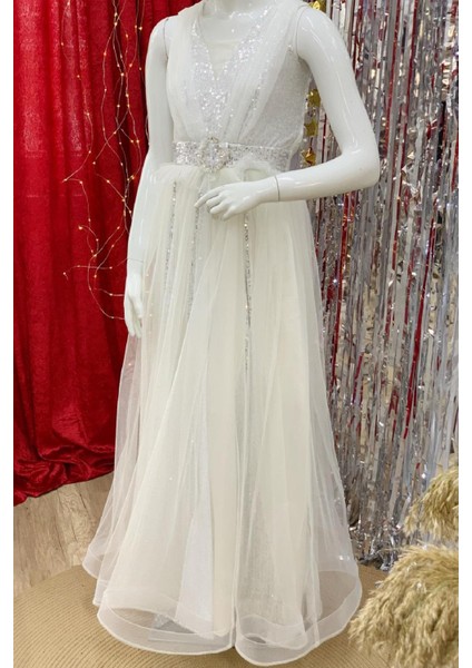 Kız Çocuk Payetli Uzun Abiye Elbise 376 Krem