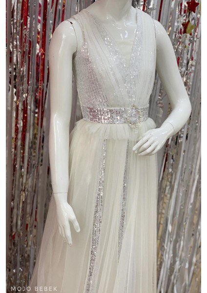 Kız Çocuk Payetli Uzun Abiye Elbise 376 Krem