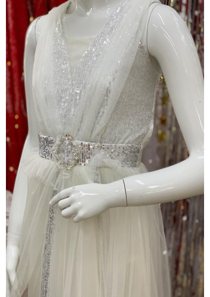 Kız Çocuk Payetli Uzun Abiye Elbise 376 Krem