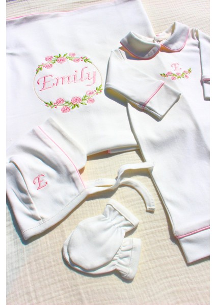 Çiçekli Isme Özel 6 Parça Yenidoğan Set %100 Pamuk Tulum Battaniye Şapka Yastık Puset Örtü Eldiven