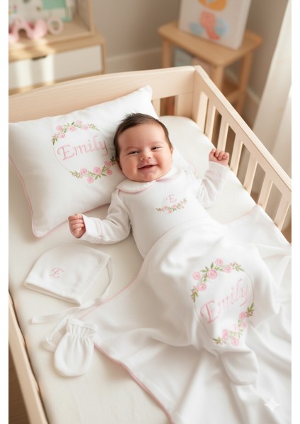 Çiçekli Isme Özel 6 Parça Yenidoğan Set %100 Pamuk Tulum Battaniye Şapka Yastık Puset Örtü Eldiven fiyatları