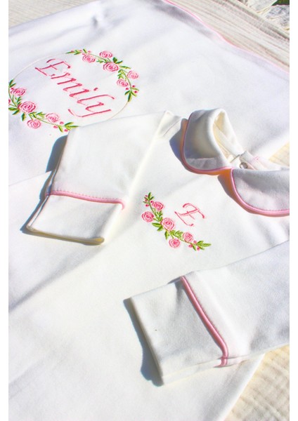 Çiçekli Isme Özel 6 Parça Yenidoğan Set %100 Pamuk Tulum Battaniye Şapka Yastık Puset Örtü Eldiven modelleri