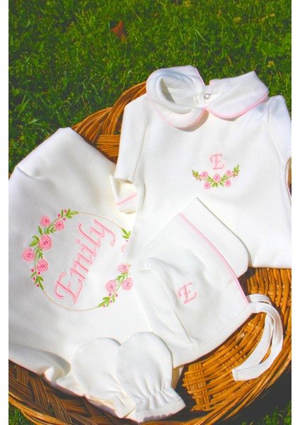 Çiçekli Isme Özel 6 Parça Yenidoğan Set %100 Pamuk Tulum Battaniye Şapka Yastık Puset Örtü Eldiven