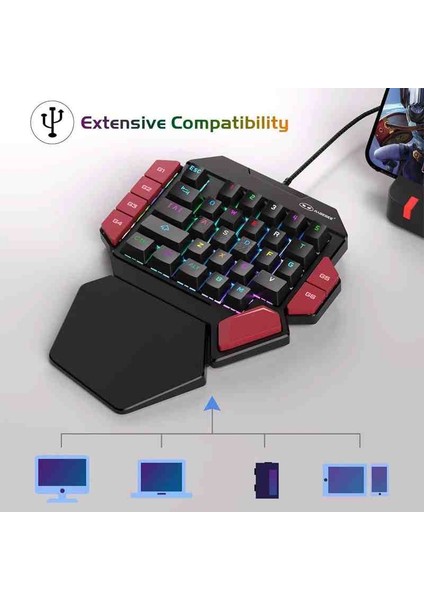 Tek El Mekanik Oyuncu Klavyesi – Rgb Işıklı, Macro G1-G6 Tuşlu, Pubg / Codm / Fortnite / Pc & Mobil Uyumlu Gaming Keypad