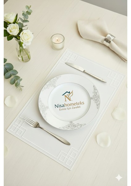 6 Adet Dikdörtgen Nakışlı Keten Amerikan Servis - Keten Supla