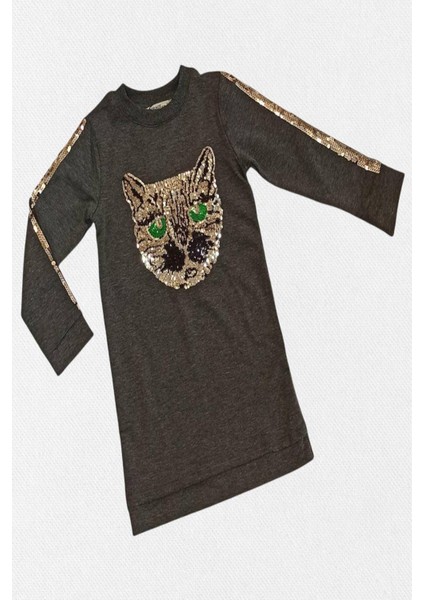Kız Çocuk Kedi Nakışlı Elbise 0357 Gri fiyatları