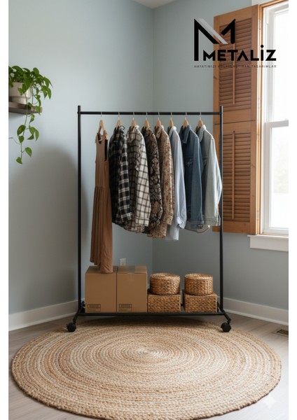 Siyah Pratik Tekerlekli Konfeksiyon Askısı - Kıyafet Standı ve Organizer