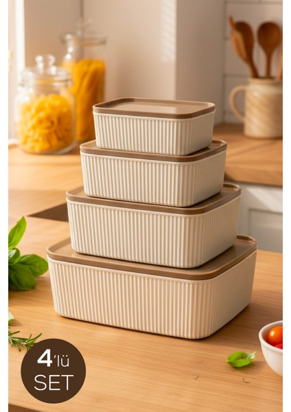 4'lü Dikdörtgen Saklama Kabı Seti Bej | 2.5l 1.5l 0.80L 0.45L | Mikrodalga ve Dondurucu Uyumlu