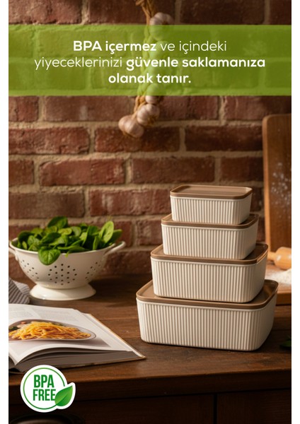 4'lü Dikdörtgen Saklama Kabı Seti Bej | 2.5l 1.5l 0.80L 0.45L | Mikrodalga ve Dondurucu Uyumlu fiyatları