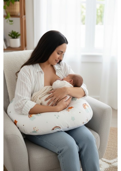 Ergonomik Destekli Bebek Emzirme Yastığı Anne Minderi Çok Amaçlı Mama Yastığı Fermuarlı Yıkanabilir