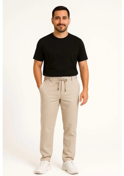 Erkek Diagonel Mikro Dokulu Cepli Pantolon - Bej