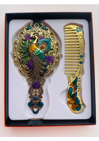 Ayna Tarak Seti, Kutulu-Metal-Hediyelik Takım, 13CM Aynalı Saç Fırçası, Tavuskuşu Figürlü