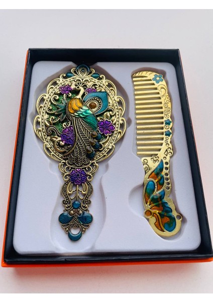 Ayna Tarak Seti, Kutulu-Metal-Hediyelik Takım, 13CM Aynalı Saç Fırçası, Tavuskuşu Figürlü modelleri
