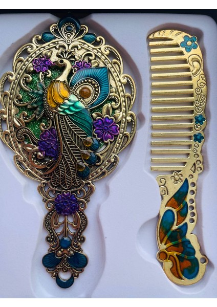 Ayna Tarak Seti, Kutulu-Metal-Hediyelik Takım, 13CM Aynalı Saç Fırçası, Tavuskuşu Figürlü fırsatları