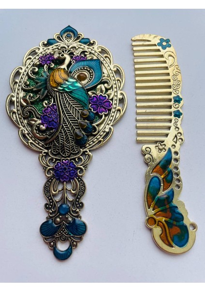Ayna Tarak Seti, Kutulu-Metal-Hediyelik Takım, 13CM Aynalı Saç Fırçası, Tavuskuşu Figürlü indirimleri
