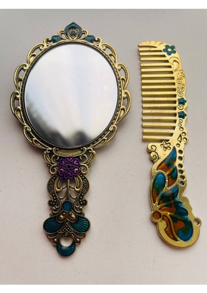 Ayna Tarak Seti, Kutulu-Metal-Hediyelik Takım, 13CM Aynalı Saç Fırçası, Tavuskuşu Figürlü