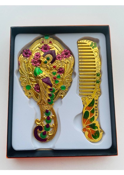 Ayna Tarak Seti, Kutulu-Metal-Hediyelik Takım, 13CM Aynalı Saç Fırçası, Tavuskuşu Figürlü