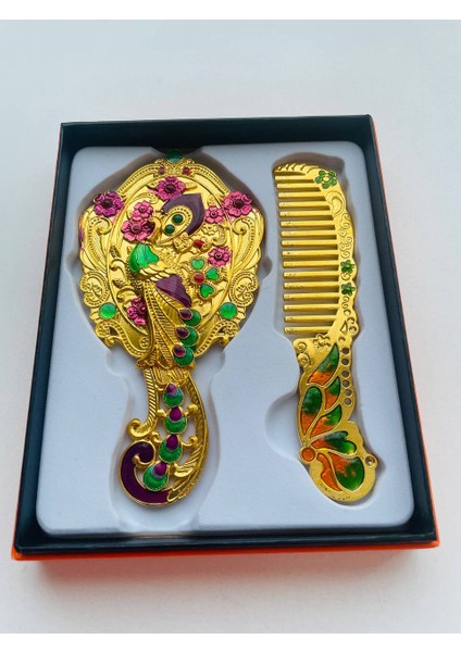 Ayna Tarak Seti, Kutulu-Metal-Hediyelik Takım, 13CM Aynalı Saç Fırçası, Tavuskuşu Figürlü modelleri