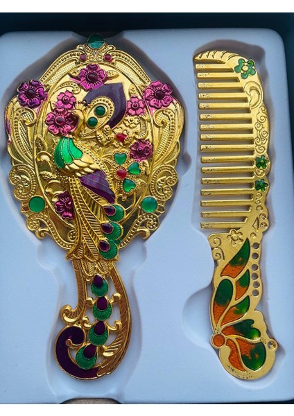 Ayna Tarak Seti, Kutulu-Metal-Hediyelik Takım, 13CM Aynalı Saç Fırçası, Tavuskuşu Figürlü fırsatları