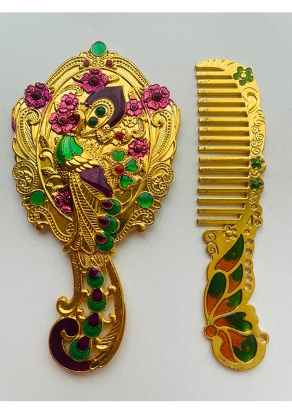 Ayna Tarak Seti, Kutulu-Metal-Hediyelik Takım, 13CM Aynalı Saç Fırçası, Tavuskuşu Figürlü indirimleri