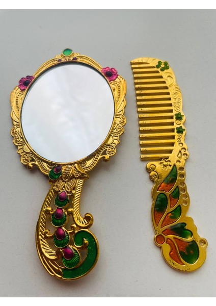 Ayna Tarak Seti, Kutulu-Metal-Hediyelik Takım, 13CM Aynalı Saç Fırçası, Tavuskuşu Figürlü